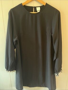 H&M Black Long-Sleeve Shift Dress with Pearl-Trim Cuffs